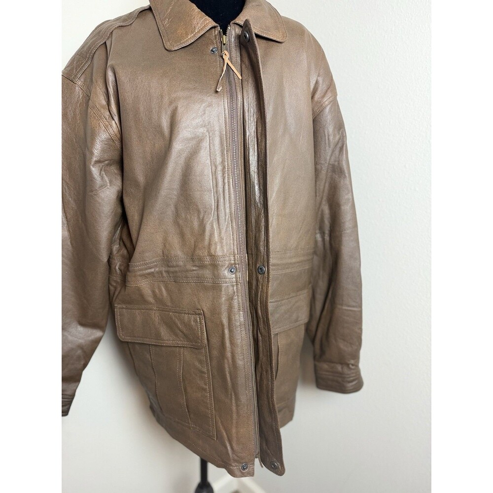 Burk’s Bay Brown Genuine Leather Jacket Plaid Lined Size L - Picture 3 of 16